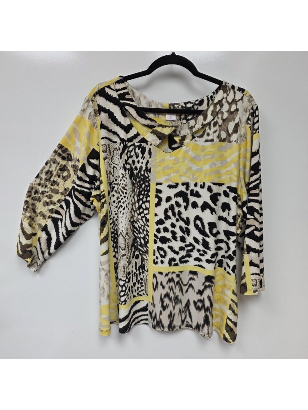 Allison Daley Shirt Womens 2X Yellow Animal Print Scoop Neck 3/4 Sleeve Top
